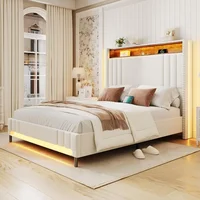 King Size Bed Frame with 51.6" Tall Headboard, Upholstered Platform Bed with Charging Station & Storage, No Box Spring Needed 1