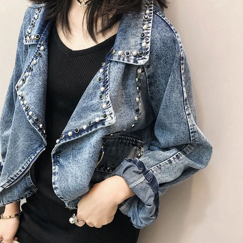 Women's Clothing Solid Color Denim Coats Spring Autumn Long Sleeve Casual Tailored Collar Fashion Diamonds Rivet Loose Jackets