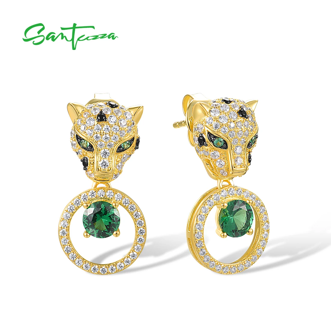 Boucles D'oreilles Pendantes Panthère En Plaqué Argent Avec Zircons - Neuf Avec étiquettes, Style Félin Chic
