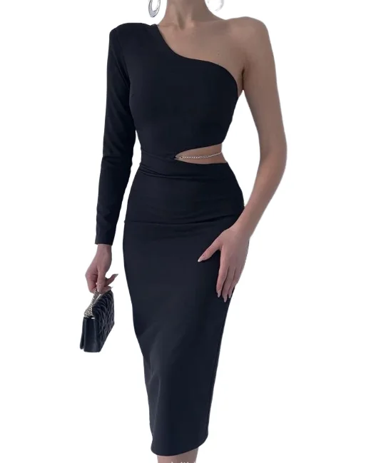 

Элегантное и красивое женское платье, Новинка осени 2023, облегающее платье на одно плечо с цепочкой и вырезом, сексуальное облегающее платье с вырезами