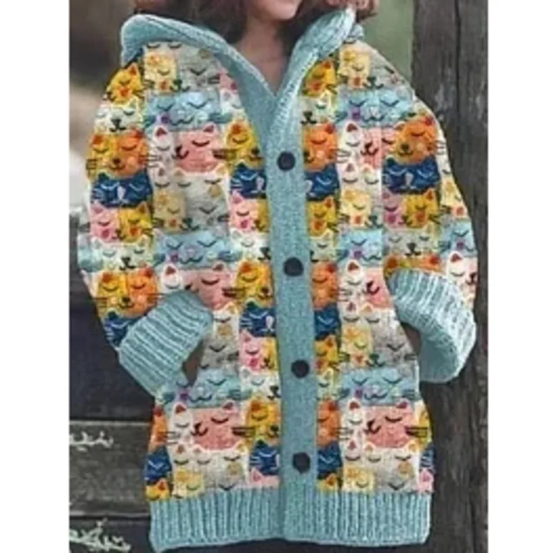 2024 Knitted Sweater Cardigan Cat Print O-neck Long Sleeve Jumpers Warm Fashion Women Casual Cardigan Autumn Winter Sweater 2