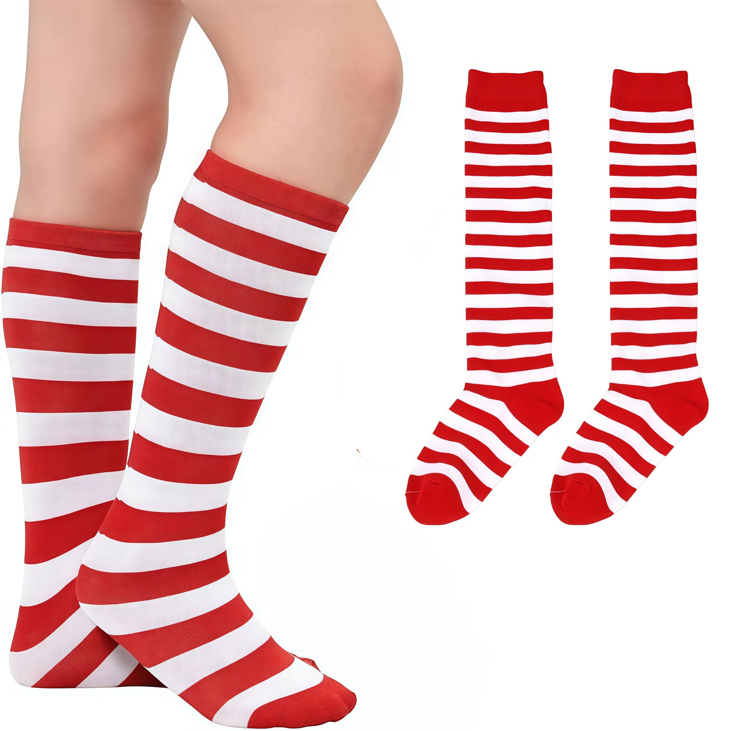 Lässige gestreifte Kniestrümpfe für Kinder, lange Zirkus-Joker-Socken, oberschenkelhohe Strümpfe für Kinder, passend zu Halloween, Weihnachten, Karneval – Detail 3