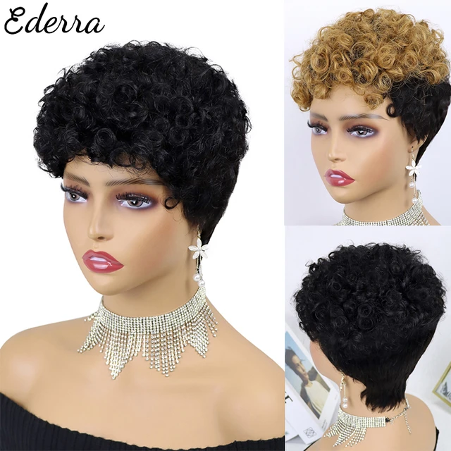 Pixie corte perucas de cabelo humano para mulheres negras, cabelo  brasileiro encaracolado, máquina feita, sem cola, curto, barato, africano,  americano - AliExpress