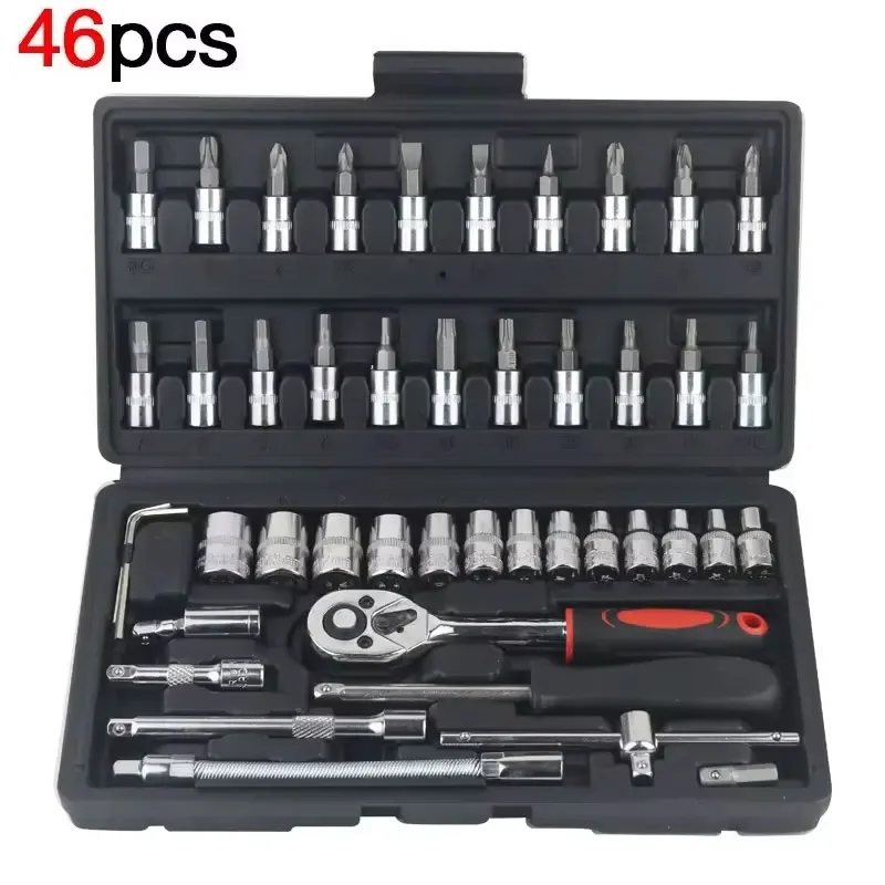 46pcs 1/4 Inch Drive Socket Set Ratchet Wrench Set Car Tool Kit, Bit Socket Wrench Set Metric Mechanic Tool Set Car accessories_voghion.com