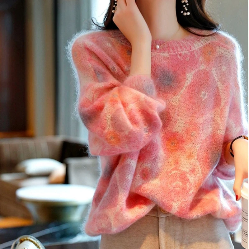 

Knitted Women O-neck Sweater Pullover 2023 Female Rainbow Tie Dyed Long Sleeve Top Autumn Winter Elegant Ladies Sweaters Jumper