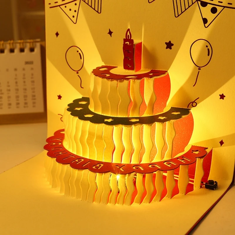 3D Birthday Cake Cards with Music Light Happy Birthday Pop-Up Greeting Postcards Gifts with Envelope Invitations For Kid Girl pop up greeting cards pop up birthday cards birthday card musical greeting cards