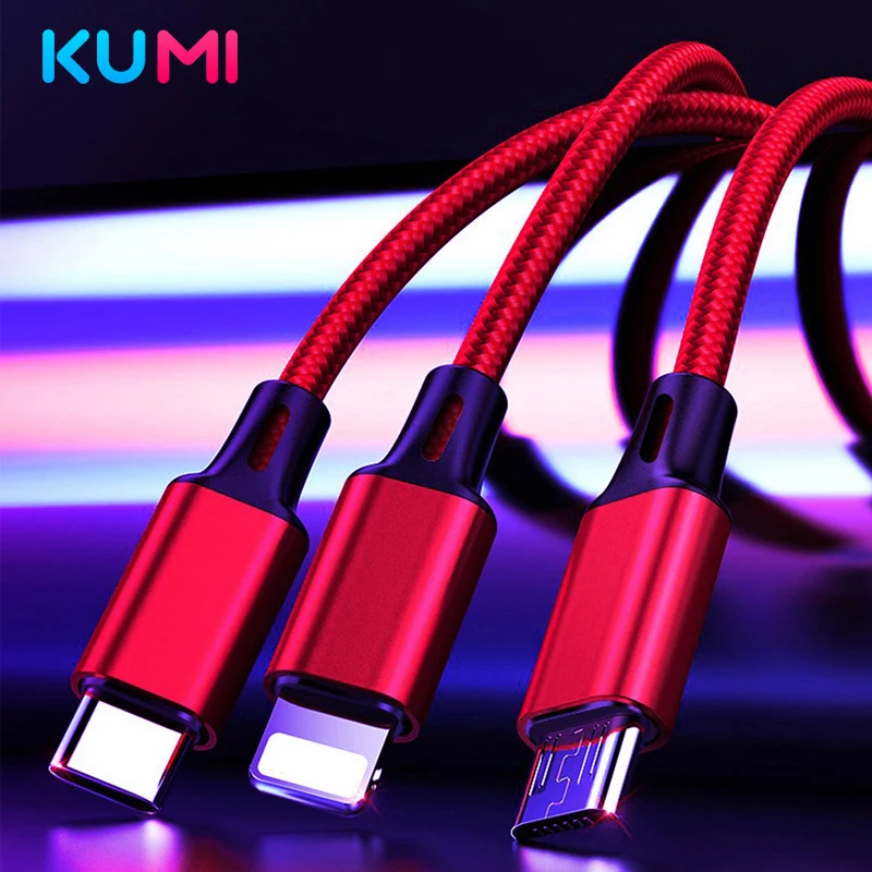 KUMI 3in1 Data USB Cable for iPhone Fast Charger Charging For Android type c xiaomi huawei Samsung Wire iPad |
