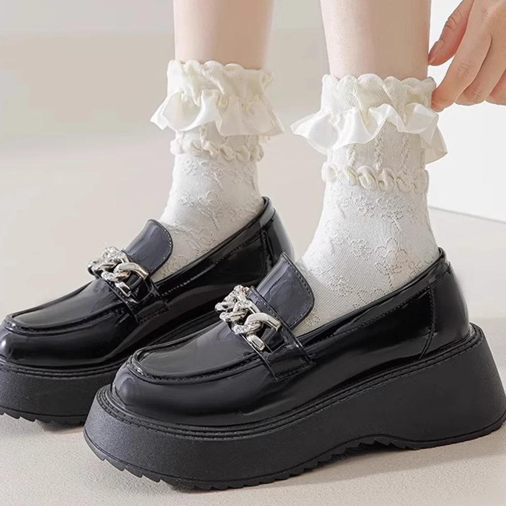 Pack of 5 Pairs Lolita Socks White Bow Lace Socks Middle Tube Japanese College Style Princess Sweet JK Cute Streetwear