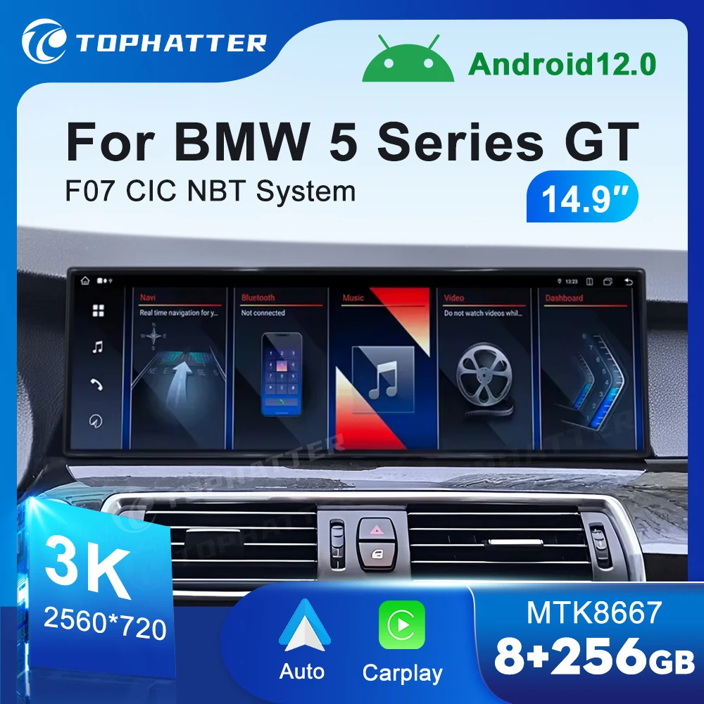 Car Stereo Head Unit 14.9 3K 2560*720 Car Radio For BMW 5 Series GT F07 CarPlay Android Auto Multimedia Player 360 3D Cam Navi Display DSP