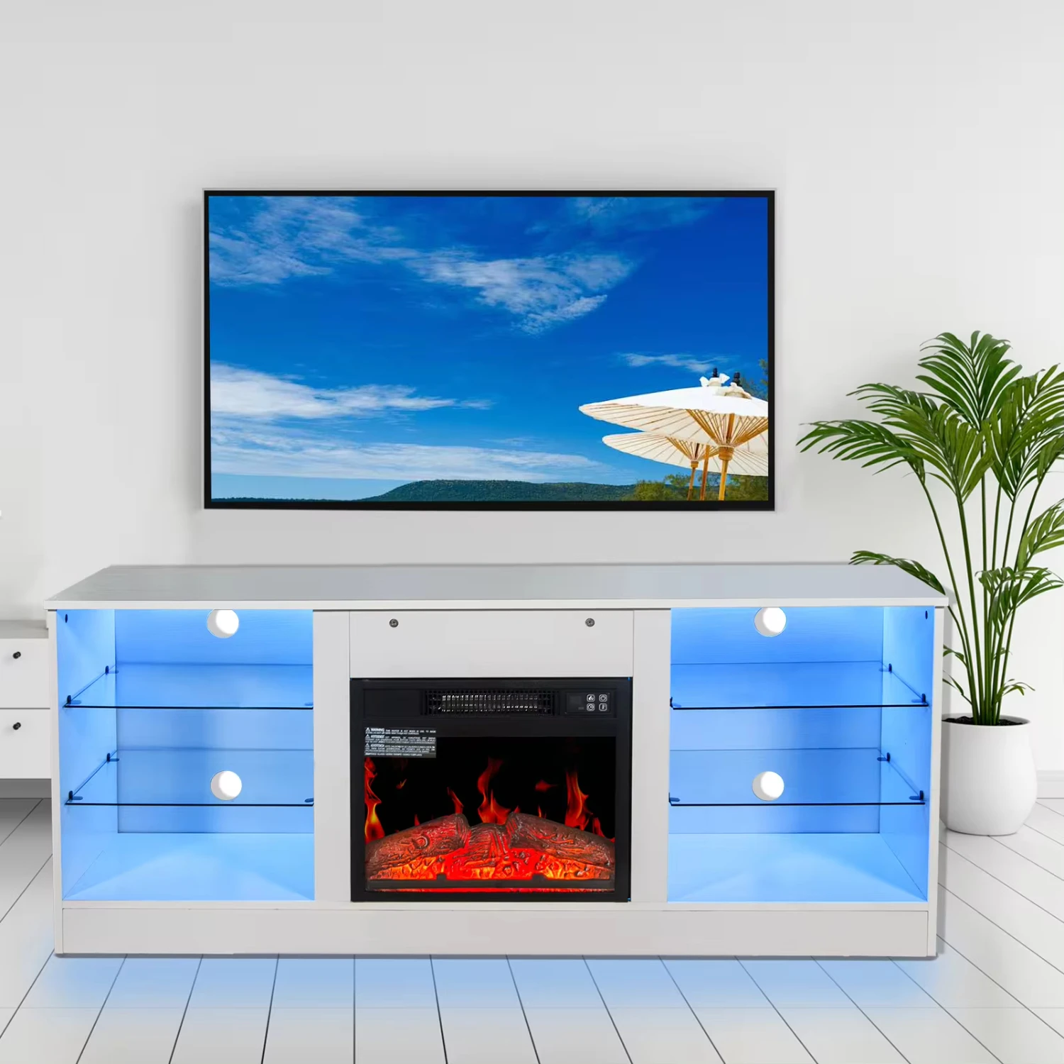 ireplace TV Stand With 18 Inch Fireplace Heater,Modern Entertainment Center TVs to 62 Inch With Adjustable Glass