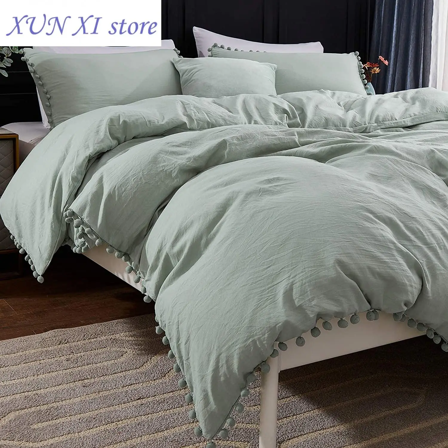 

New Fringe Duvet Cover Full Queen King Size Soft Washed Microfiber Comforter Cover with Zipper Closure Corner Ties Bedding Set