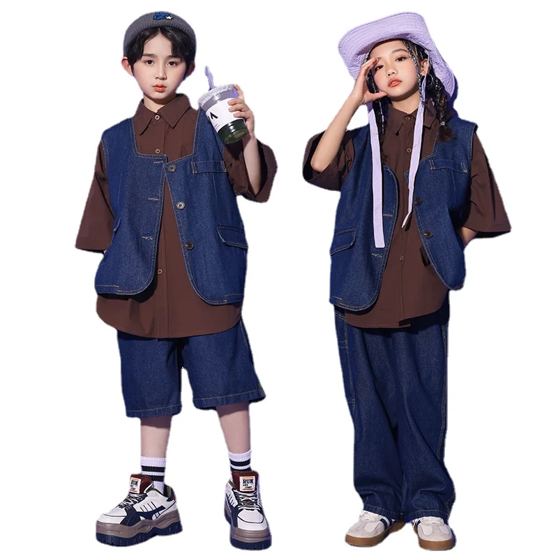 

Children Boys Girls Streetwear Hip Hop Loose Denim Vest Jeans Pants Shirts Sets Kids Sleeveless Jacket Shorts Suits Tracksuits