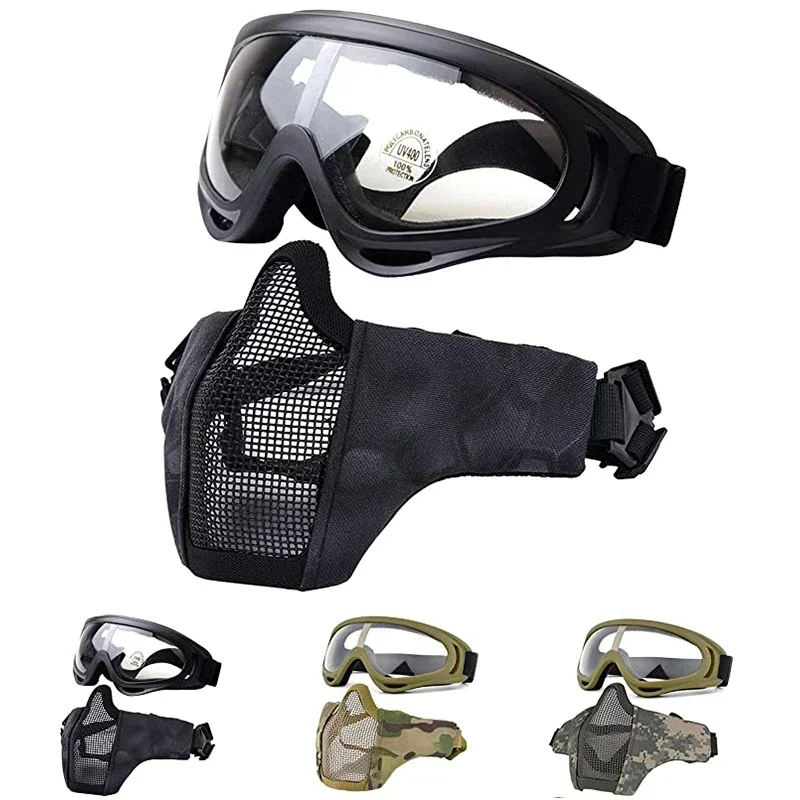 Set masque acier maille + lunettes - Airsoft Paintball jeux survie - Cosplay chasse pêche