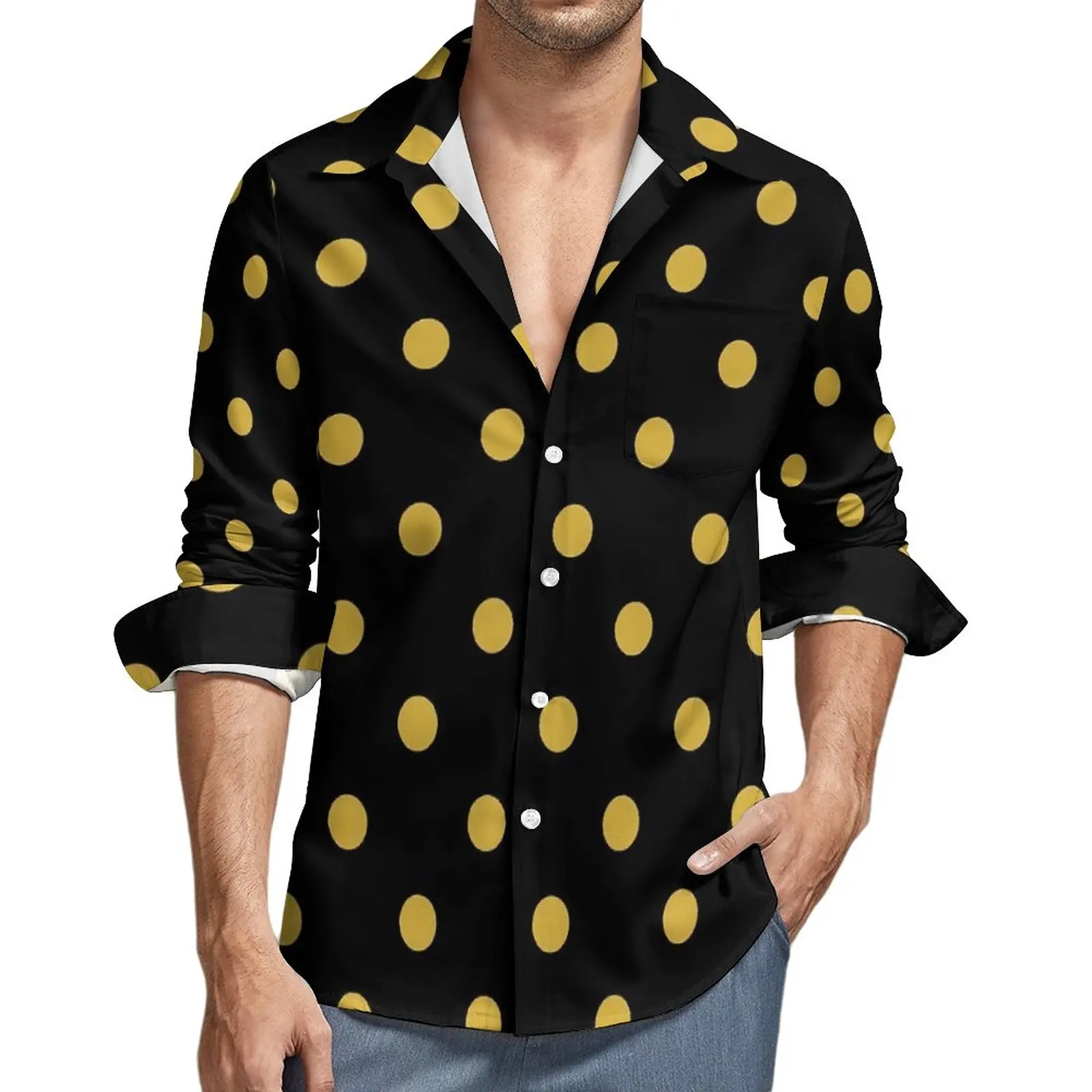 

Gold Dot Print Shirt Spring Polka Dots Casual Shirts Men Novelty Blouses Long Sleeve Design Stylish Clothing Plus Size
