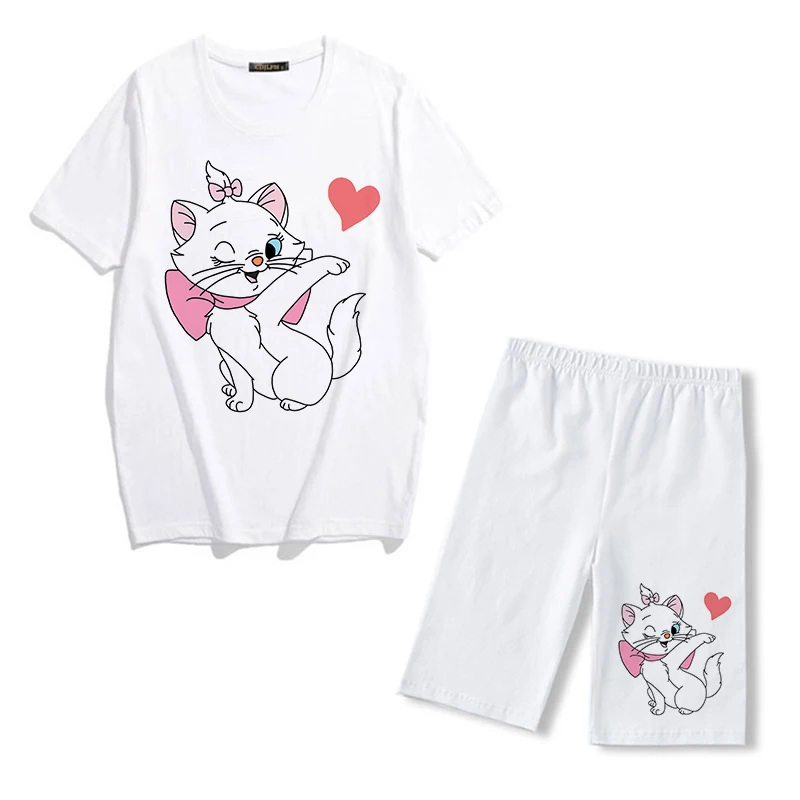 two piece sets Summer Fashion Disney Marie Cat Print Two Piece Set Women Tracksuit Casual Short Sleeve T Shirts And Biker Sports Shorts Outfits sweatpants set