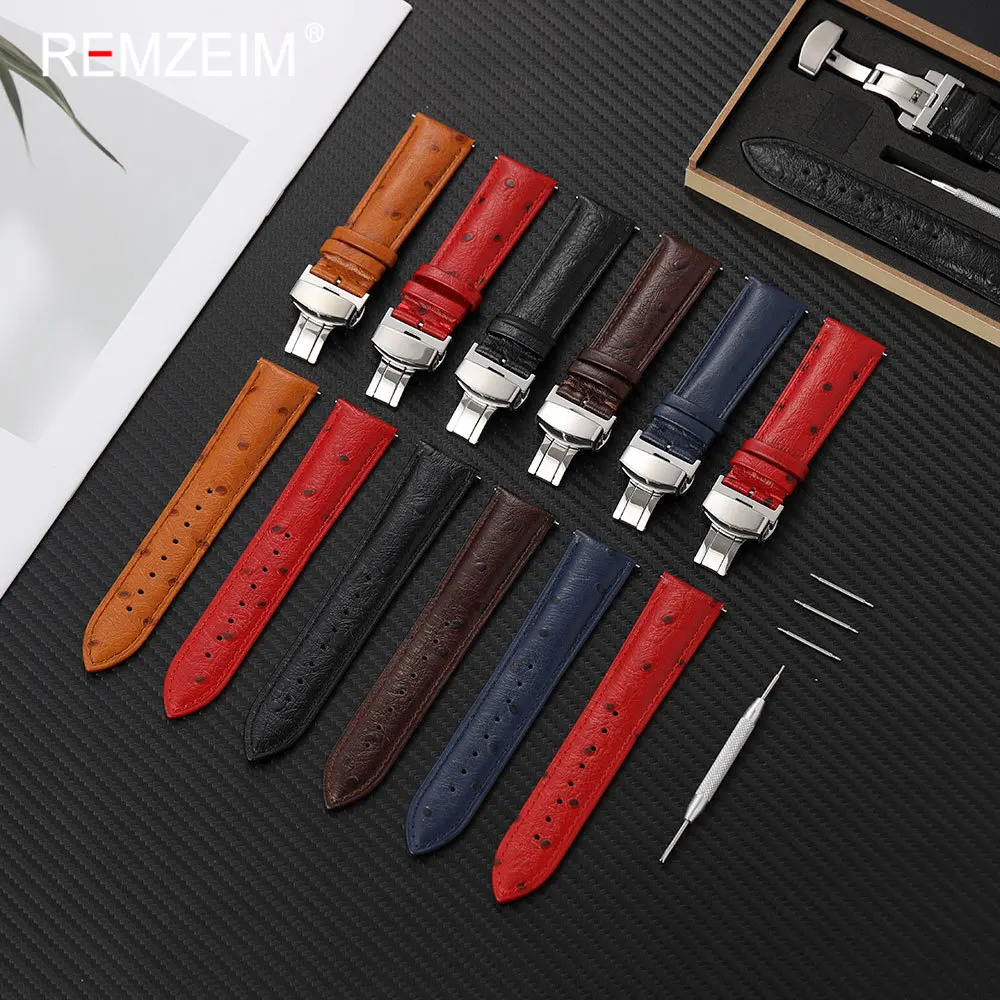 Unisex Genuine Leather Watch Strap with Stainless Steel Butterfly Buckle and Gift Box