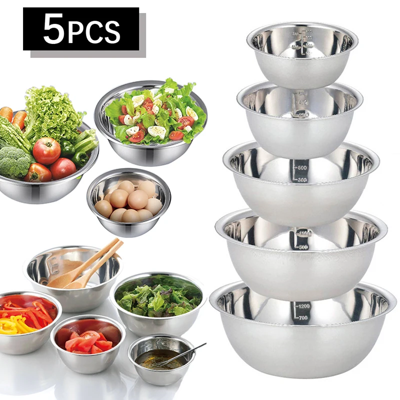 5pcs Stainless steel cooking basin set scale salad basin baking egg beating cooking fruit storage