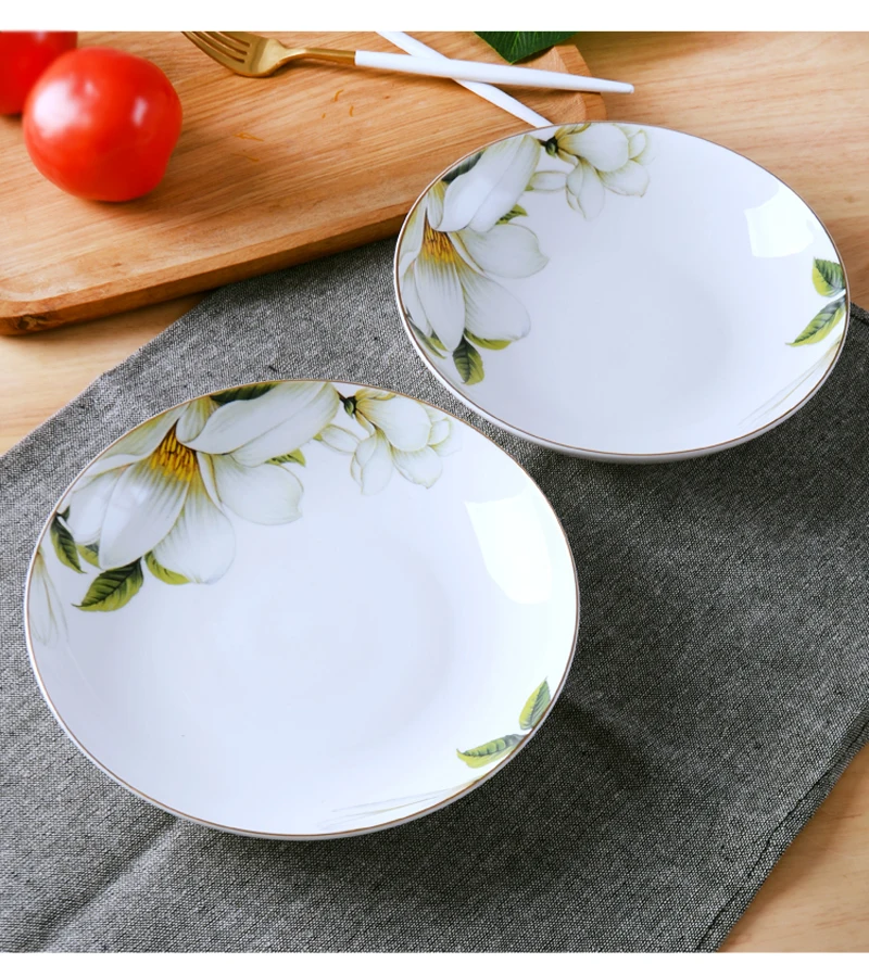 4pcs set, 8inch, bone china dinner plate, camellia design ceramic plates dinner set, set plate dish porcelain, dish serve