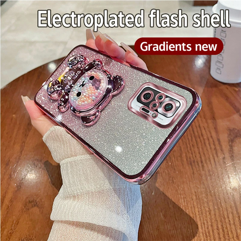 Glitter Bear Bling Silicone Phone Holder Case with Stand for Girls & Women – Back Cover for Xiaomi Redmi Note 10 Pro Max