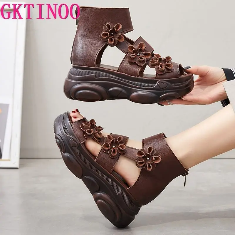 

GKTINOO Genuine Leather Retro Shoes Women Sandals Floral Wedges Zip 2023 New National Style Comfortable Handmade Ladies Sandal