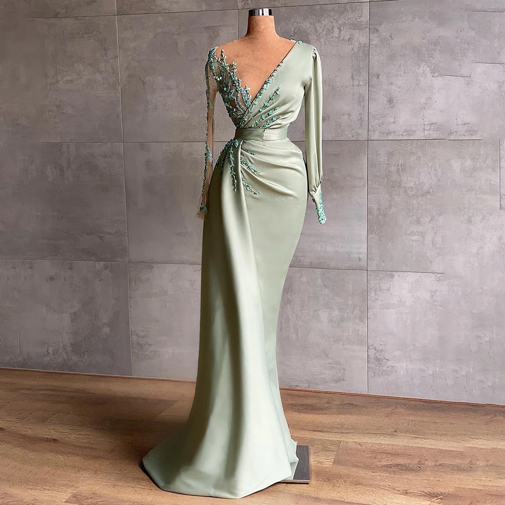 

Mint Green Beaded Evening Dresses Long Sleeve Mermaid Prom Dress 2022 Women Formal vestidos de fiesta para bodas