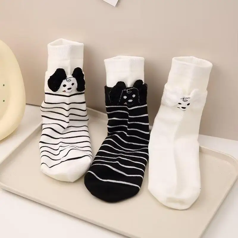 

Cute Black White Puppy Doll Creative Socks Women Spring Autumn New Style Fashion Striped Style Middle Cylinder Socks Original