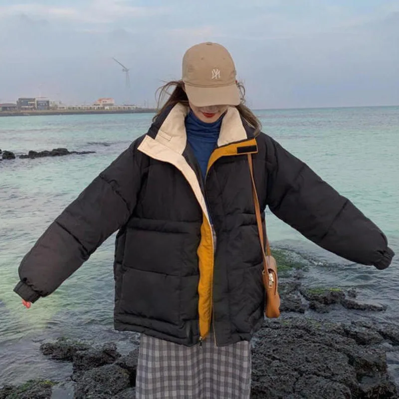 Women Winter Fashion Bubble Coats Jackets Cotton Padded Bread Coat Fake Two Stand Collar Thickened Loose Black Warm Streetwear