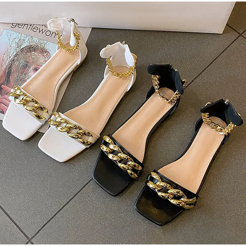 Vanessas square toe metal chain flat ladies sandal