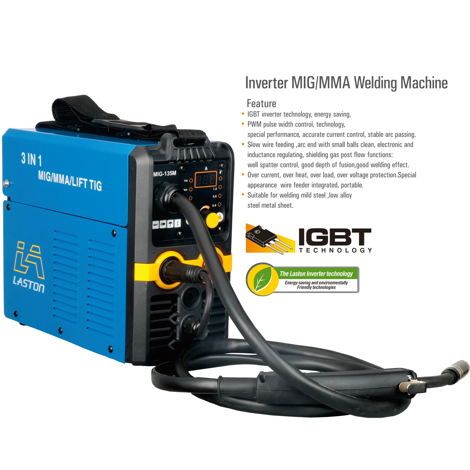 LASTON MIG-135M 110V MIG Welder 3 in 1, 130Amp Flux Core Welder Flux MIG/Stick Welder/Lift TIG, IGBT Digital Display LCD Welding 3