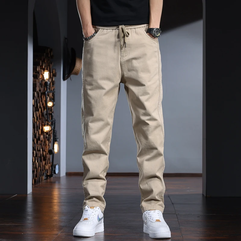 Khaki Cotton Baggy Men's Pants Casual Straight Elastic Waist Drawstring Trousers CP2218