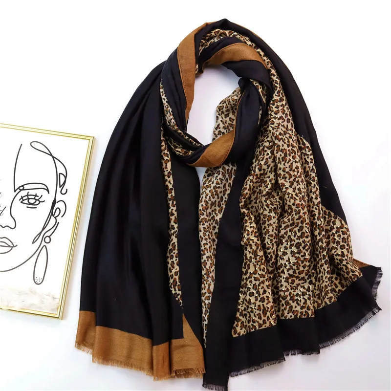 

2022 Autumn Winter Fashion Viscose Scarf Plain Leopard Dot Fringe Hijab Shawls and Wraps Foulard Echarpe Muslim Sjaal 180*90Cm