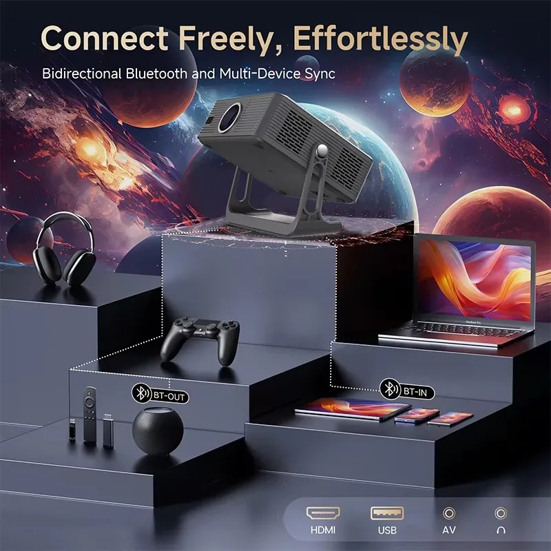 Yinzam T7 Protable 1080p LCD 프로젝터 300ansi 230 ° 무료 프로젝션 안드로이드 13 4K 스마트 비디오 프로젝터 풀 오토 HD 프로젝터 4K