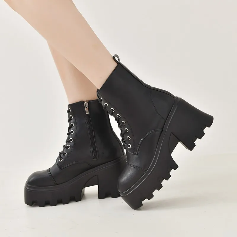 

New Winter Ankle Boots Women Trendy Platform Boots Gothic Zipper Women Shoes Size 43 High HeelsMotorcycle Boots