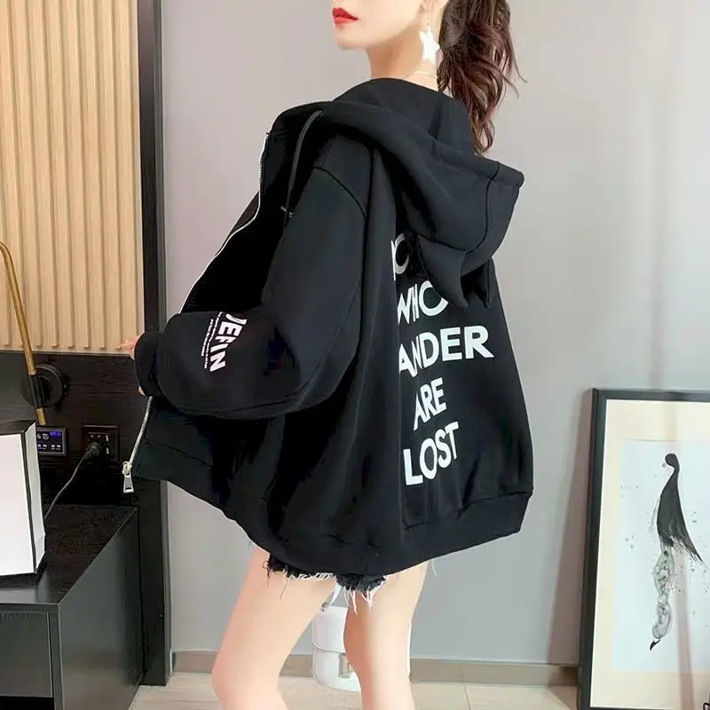 Women 2024 Lazy Style Zipper Harajuku Long Sleeve Coats Hoodies All-match Plus Velvet Letter Jackets Loose Autumn Winter Outwear