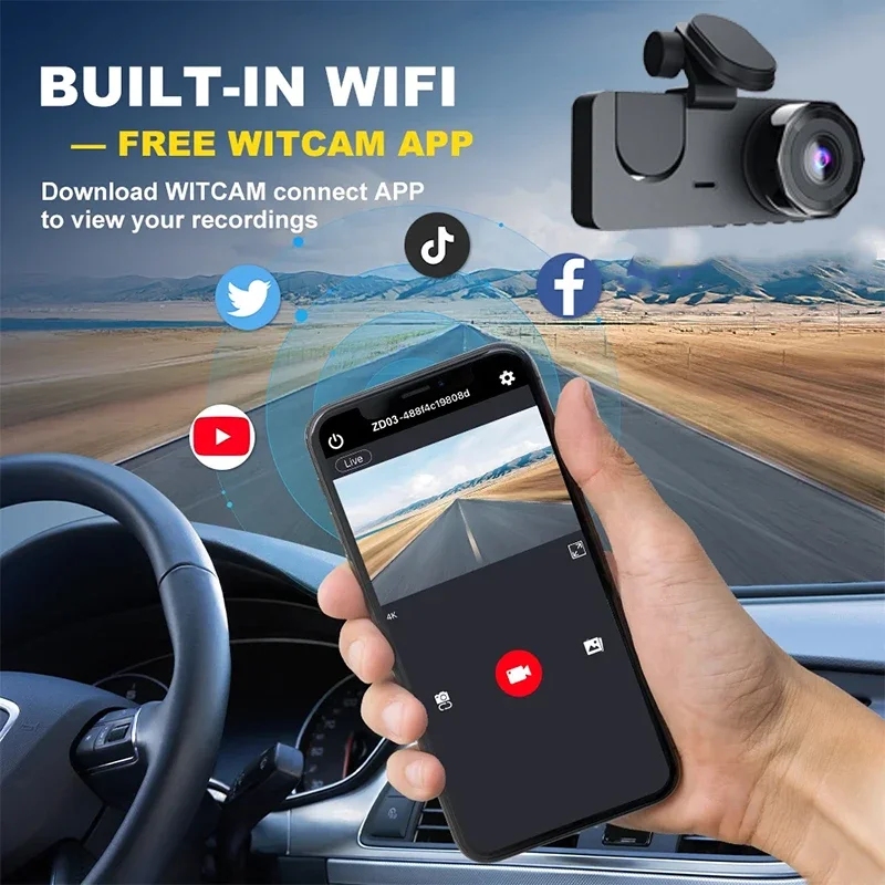 1080P HD Video Recorder WIFI Dashcam with 2/3 Cameras, Triple Channel Car Camera, Night Vision, Car DVR with Wide Angle Lens
