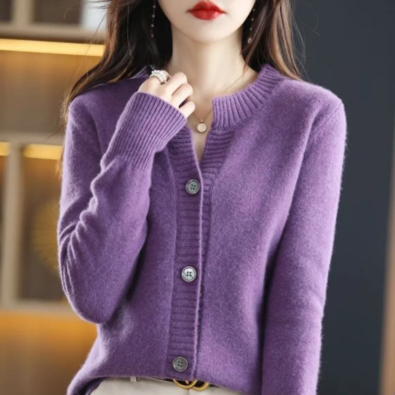 

Autumn and Winter New 100% Pure Cardigan Women's Round Neck Double Strands Thick Cashmere Coat to Show a Slim all-Match Sweater