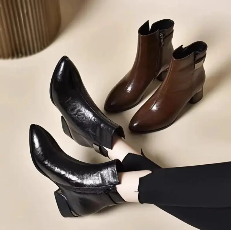 Women's Pionted Toe Ankle Boots Autumn New Side Zipper High Heel Shoes for Women Dress Office Chunky Heel Ladies Chelsea Boots