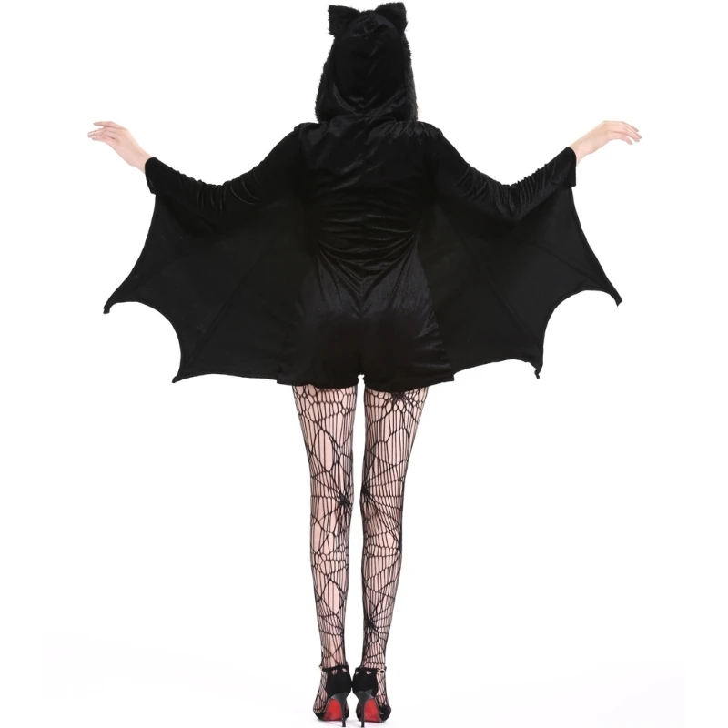 Halloween Bat Costume for Women Black Wing Hooded Jumpsuits Romper Masquerade Cosplay Party Costume Accessory N7YE