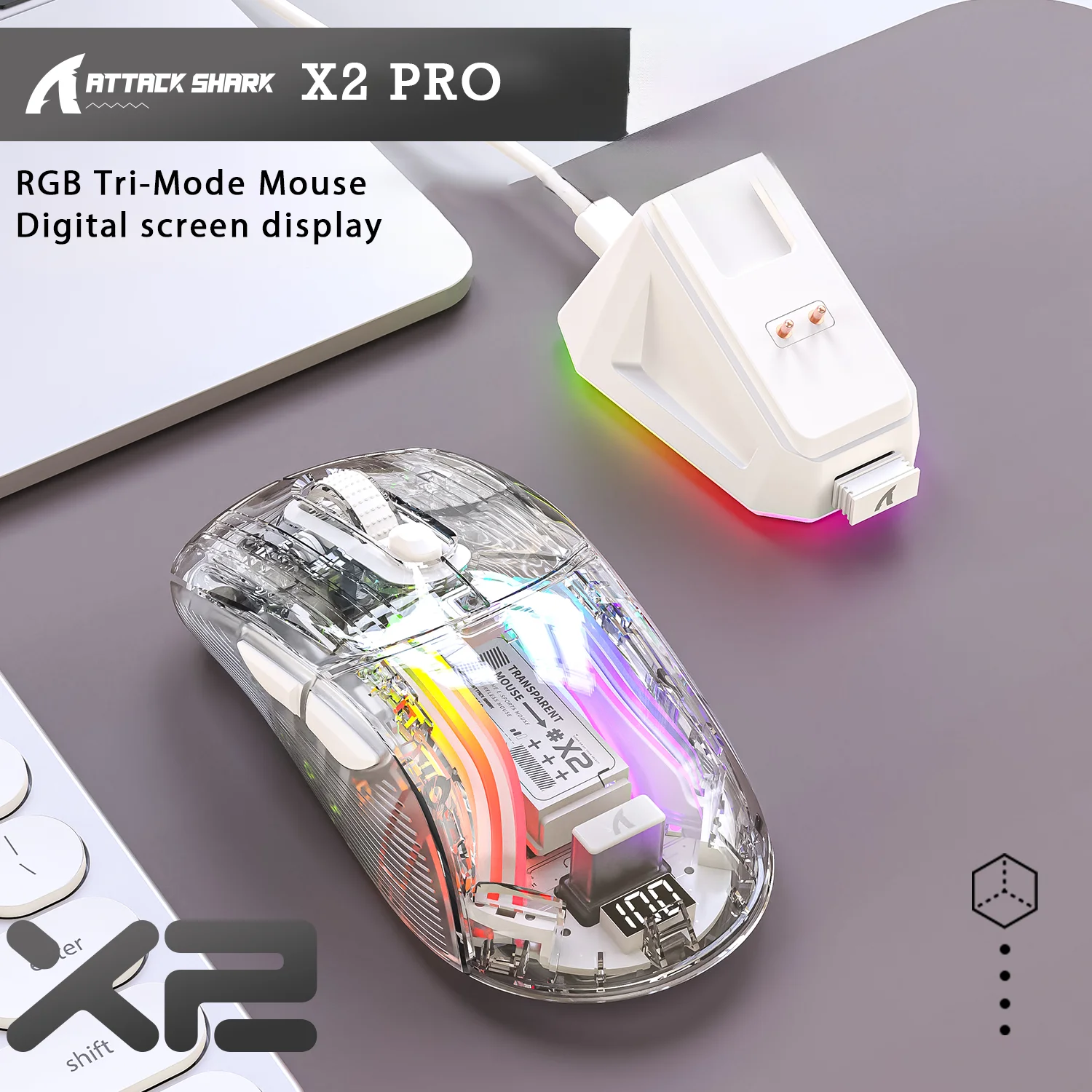 Enhanced Wireless Gaming Mouse with RGB Lighting, Tri-Mode Bluetooth, Silent Click, Battery Indicator, and Magnetic Charging Dock