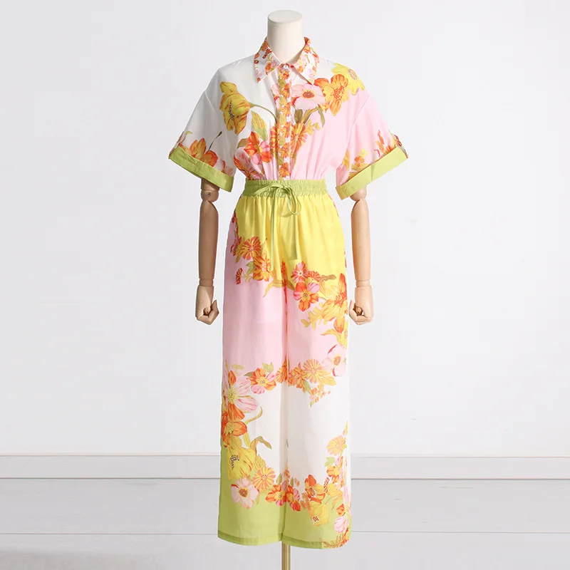 

Women's Sets Red and yellow printed suit with wide-sleeve blouse and straight-leg pants with a tie-waist