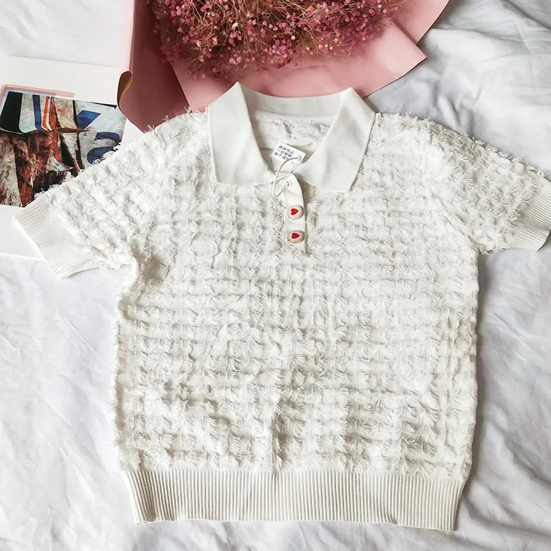 

Women Tassel Heart-shaped Buttons Silk Blend T-shirt Classic Chic 2023 Summer