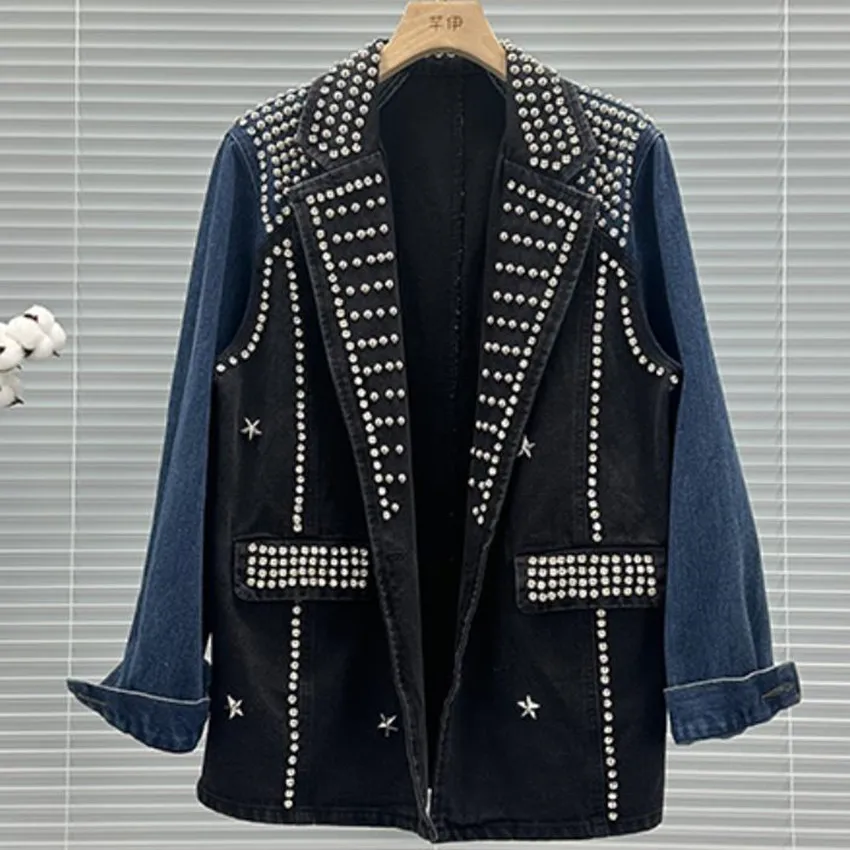 

Spring 2024 Fashion Rivets Denim Jacket Women Loose Long Outwear