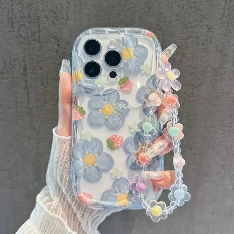 Strawberry Flower Clear Phone Case with Lanyard Cover