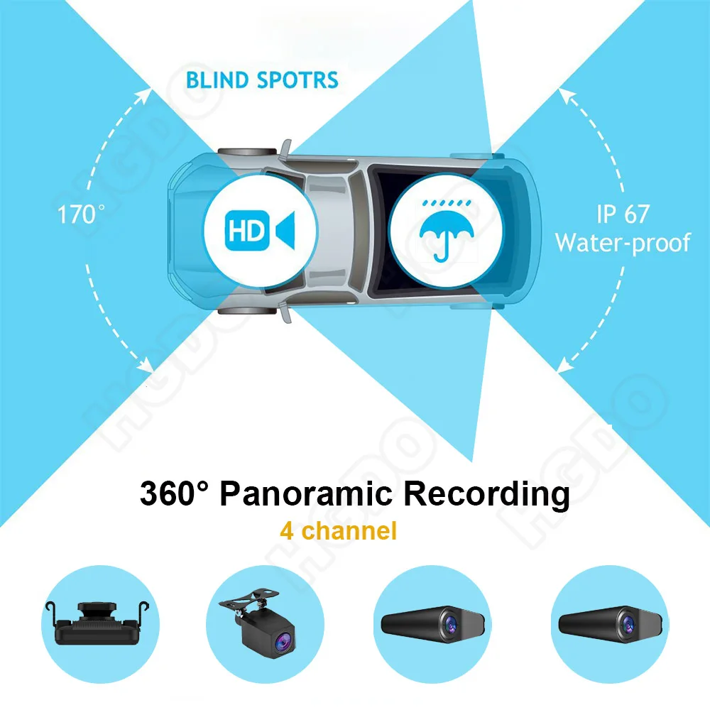 HGDO M106 4 Channel Mirror 4 KDash Cam Rear View Mirror Video Recorder 1080P Backup Left Right Side Camera with ADAS BSD WIFI