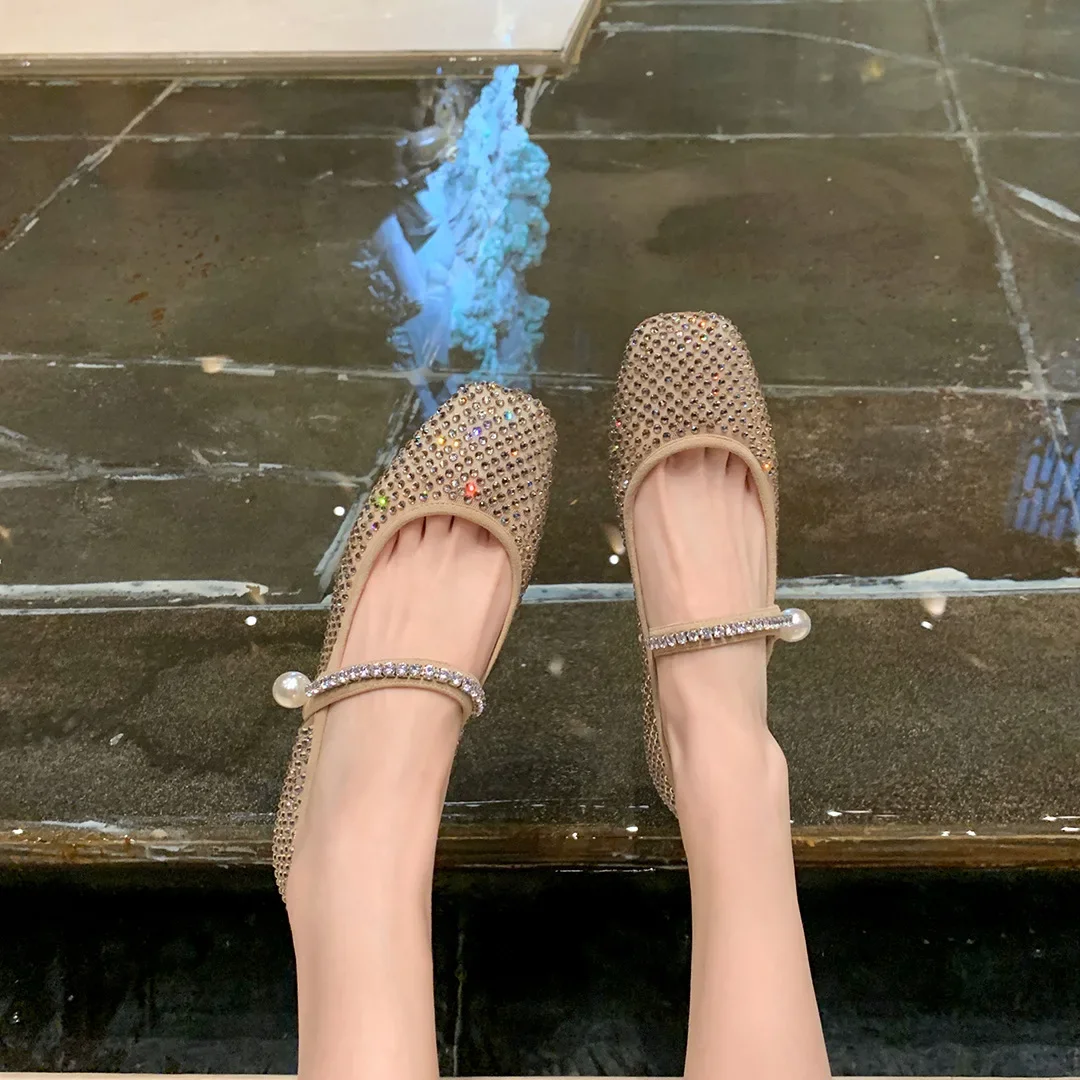 2025 Summer New Full Diamond Retro French Square Headed Mary Jane Women's Shoes Shallow Mouth Pearl Flat Bottom Grandma's Shoes 4