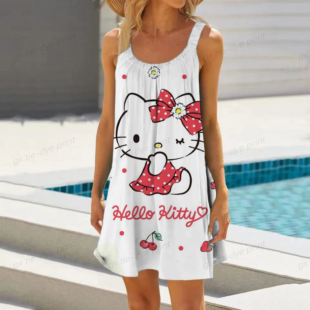 

2023 Summer Hello Kitty Print Women Causual O Neck Sleeveless Ruffles Mini Dress Boho Beach Sundress Oversized Loose Dress