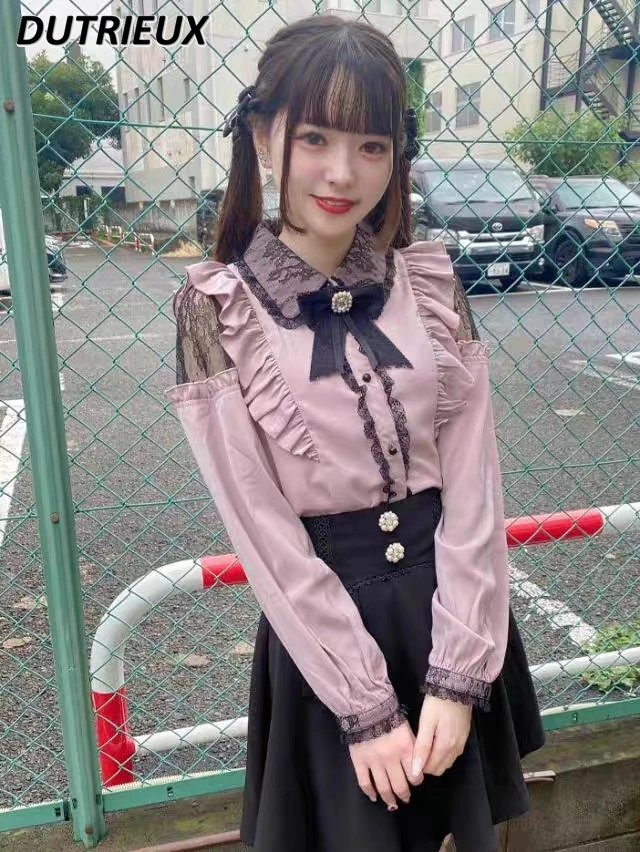 

Lapel Long Sleeve Sweet Cute Shirt Japanese Mine Series Mass-Produced Black Pink Lace Blouse Hollow-out Sleeves Slimming Top