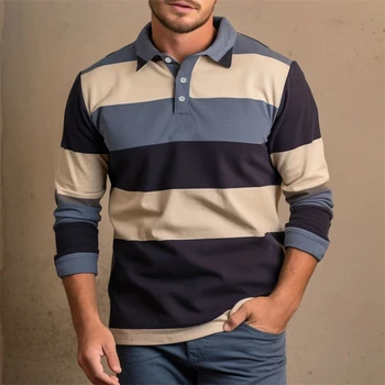Polo da uomo casual a righe, autunnale, da esterno, con stampa 3D, a maniche lunghe, vestibilità ampia