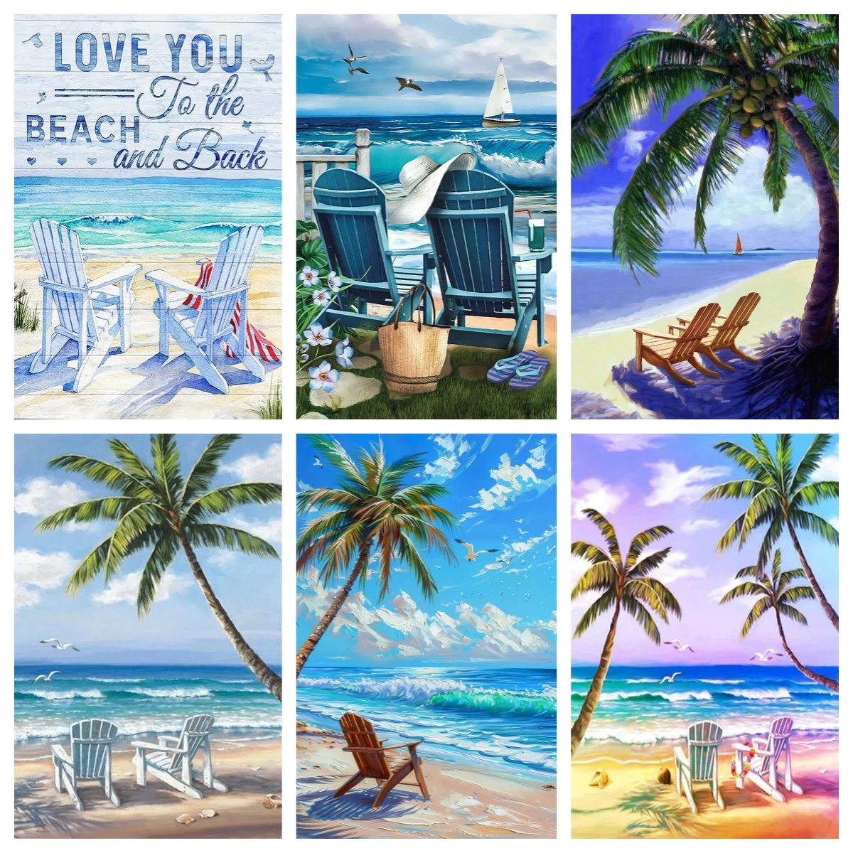 Diamond Embroidery Landscape Full Square 5D DIY Diamond Painting Summer Sea Beach Palm Tree Chair and Table Decoration Home