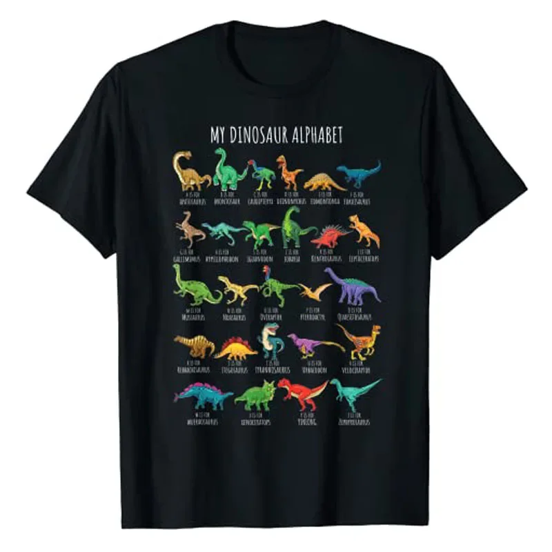 

A1292 Alphabet A-Z ABC Dino Identification T-Shirt Cute T-Rex Dinosaur Lover Graphic Tee Tops Lovely Gifts for Son